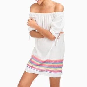 J. Crew White Mini Off the Shoulder Dress with Rainbow Stripes